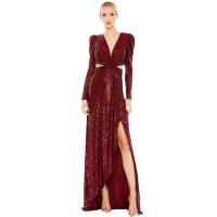Sequin & Polyester Slim Long Evening Dress deep V & side slit patchwork Solid wine red PC