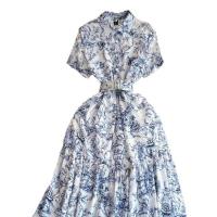 Mixed Fabric Waist-controlled One-piece Dress slimming & breathable printed shivering blue PC