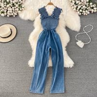 Mixed Fabric Soft Women Casual Set slimming & off shoulder weave blue PC