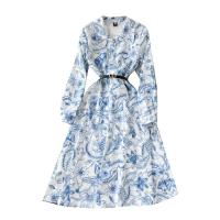 Cashmere Waist-controlled One-piece Dress & breathable Cashmere printed floral blue PC