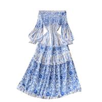 Cashmere lace & Waist-controlled One-piece Dress & breathable printed floral blue PC