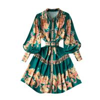 Cashmere Waist-controlled One-piece Dress & breathable printed floral green PC
