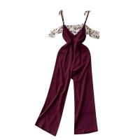 Mixed Fabric Waist-controlled & Wide Leg Trousers Boat Neck Top breathable patchwork : PC
