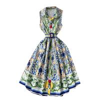 Mixed Fabric Waist-controlled & long style One-piece Dress & breathable printed floral green PC