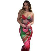 Polyester Waist-controlled Sexy Package Hip Dresses deep V & backless & hollow printed multi-colored PC