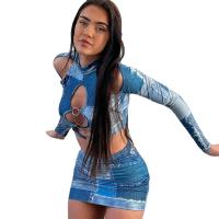Polyester Sexy Pakket Hip Jurken Afgedrukt Solide Blauwe stuk