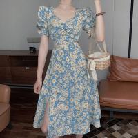 Chiffon Waist-controlled & High Waist One-piece Dress side slit printed floral blue PC