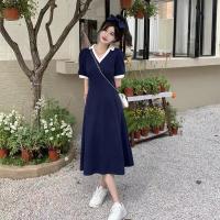 Polyester Waist-controlled & Slim One-piece Dress slimming  patchwork Solid Navy Blue PC