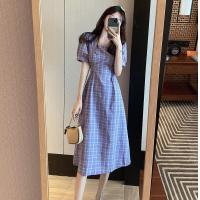 Polyester Waist-controlled & Slim One-piece Dress slimming patchwork plaid PC