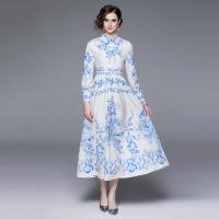 Gauze Waist-controlled & long style One-piece Dress slimming printed floral blue PC