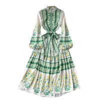 Tencel Waist-controlled & long style One-piece Dress slimming printed floral green PC