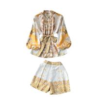 Mixed Fabric Waist-controlled Women Casual Set slimming printed floral yellow PC