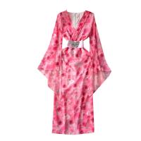 Mixed Fabric Waist-controlled & long style One-piece Dress slimming printed floral pink PC