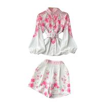 Mixed Fabric Waist-controlled Women Casual Set slimming & two piece printed floral pink PC