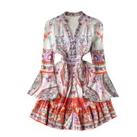 Mixed Fabric Waist-controlled One-piece Dress slimming printed floral pink PC