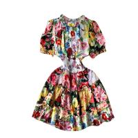 Mixed Fabric lace & Waist-controlled One-piece Dress slimming Mixed Fabric ruffles floral yellow PC
