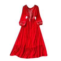 Mixed Fabric Waist-controlled & long style One-piece Dress slimming & loose Solid red PC
