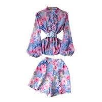 Mixed Fabric Waist-controlled Women Casual Set slimming & two piece & loose printed floral purple PC
