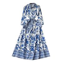 Mixed Fabric Waist-controlled & long style One-piece Dress slimming & loose printed floral blue PC