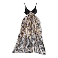 Tencel Waist-controlled & long style One-piece Dress slimming & backless & off shoulder & loose printed floral black PC