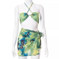 Polyester Quick Dry Bikini backless & three piece stretchable leaf pattern green Set