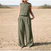 Cotton Linen Women Casual Set & two piece sleeveless T-shirt & Pants plain dyed Solid Set