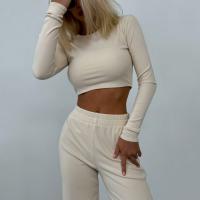 Rib Lycra & Polyester Women Casual Set & two piece Long Trousers & long sleeve T-shirt Solid Set