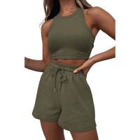 Polyester Women Casual Set midriff-baring & two piece short pants & tank top Solid Set