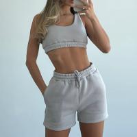 Polyester Women Casual Set midriff-baring & two piece & with pocket short pants & tank top Solid Set