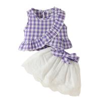 Woven Girl Clothes Set & two piece Cotton Crawling Baby Suit & skirt printed plaid purple Set