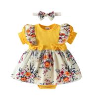 Knitted Crawling Baby Suit & two piece Woven Crawling Baby Suit & Hair Band printed floral yellow Set