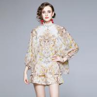 Cotton Linen & Polyester Soft Women Casual Set & loose short pants & top printed floral mixed colors Set
