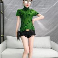 Polyamide Soft & Slim Women Short Sleeve T-Shirts see through look jacquard floral green PC