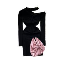 Polyester Waist-controlled Sexy Package Hip Dresses & off shoulder & hollow & skinny style Solid black PC