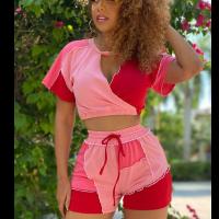 Polyester Women Casual Set & two piece short sleeve T-shirts patchwork pink Set