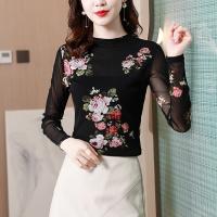 Polyester Waist-controlled Base Shirt see through look & slimming printed floral black PC