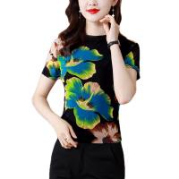 Polyester Waist-controlled Base Shirt see through look & slimming printed floral PC