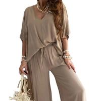 Polyester Women Casual Set deep V & loose Long Trousers & short sleeve T-shirts Solid Set