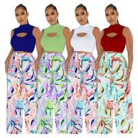 Polyester High Waist Women Casual Set & two piece Polyester tank top & Pants patchwork Set