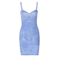Polyester Slim Sexy Package Hip Dresses backless patchwork Solid blue PC