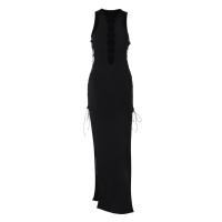 Polyester Slim One-piece Dress side slit & hollow patchwork Solid black PC