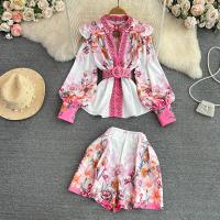 Polyester Waist-controlled & Soft & High Waist Women Casual Set & two piece & loose short pants & top printed floral mixed colors Set