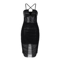 Polyester Slim Sexy Package Hip Dresses see through look & deep V & backless patchwork Solid PC