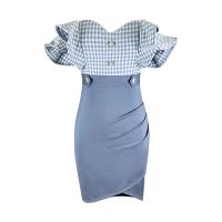 Polyester Waist-controlled & Slim Sexy Package Hip Dresses patchwork plaid PC