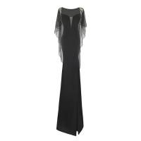 Polyester Waist-controlled & Slim & High Waist Long Evening Dress see through look & side slit & hollow patchwork Solid black PC
