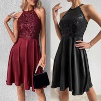 Polyester Waist-controlled & Slim One-piece Dress & off shoulder patchwork Solid PC