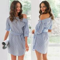 Cotton Waist-controlled & Slim One-piece Dress & One Shoulder patchwork striped blue PC