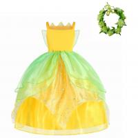 Polyester Slim & Princess & High Waist Girl One-piece Dress large hem design & two piece Hair Band & skirt patchwork yellow Set
