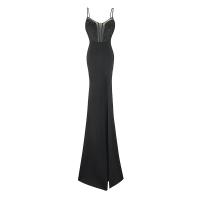 Polyester Slim & High Waist Long Evening Dress side slit patchwork Solid black PC