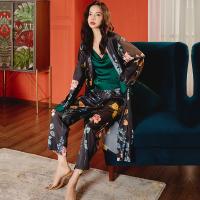 Polyester Women Pajama Set & three piece robe & camis & bottom printed Set